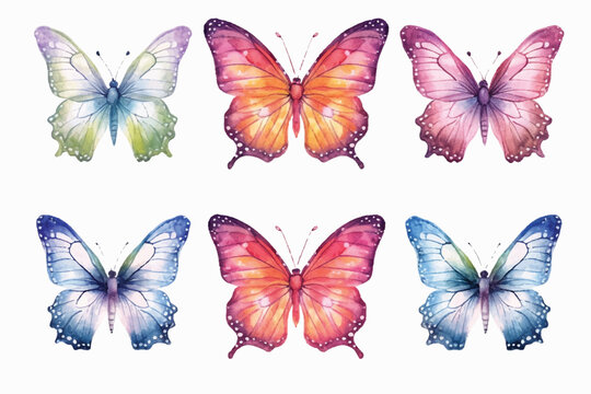 Butterfly collection. Watercolor illustration. Colorful Butterflies clipart set. Pink blue butterfly. Baby shower design elements. Party invitation, birthday celebration. Spring or summer decoration