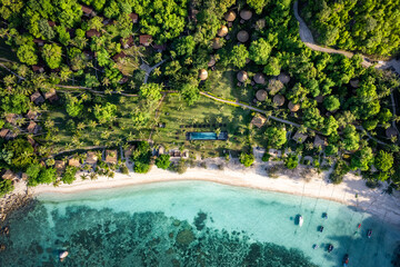 Fototapeta premium Aerial view of Haad Tien Beach in shark bay, koh Tao, Thailand