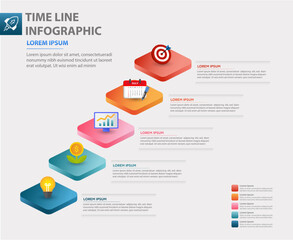 3D Business process chart infographics with 5 step segments. Isometric timeline infograph elements, Gradient color.Company presentation slide template. Modern vector info graphic layout design.