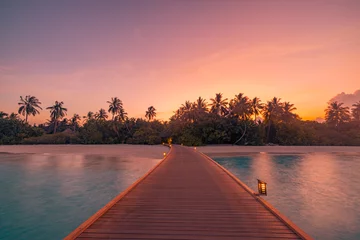 Foto op Aluminium Beautiful sunset beach coast. Colorful sky clouds sun rays over palm trees silhouette. Panoramic island landscape, calm sea reflections relax tropical paradise. Wooden pier path led lights in resort © icemanphotos