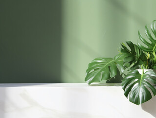 White Marble Stone Counter Table, Complemented by the Vibrant Presence of a Tropical Monstera Plant Tree on a Green Wall Background. Generative ai