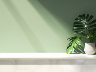 White Marble Stone Counter Table, Complemented by the Vibrant Presence of a Tropical Monstera Plant Tree on a Green Wall Background. Generative ai