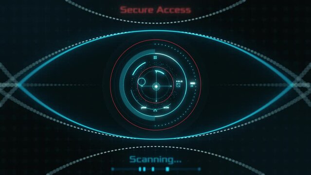 Futuristic Biometric Access, Eye Scan and Recognition HUD, secure access, cyber security, camera zoom in (3d render)