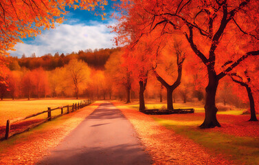 Naklejka na ściany i meble Autumnal landscape with yellow and orange leaves on trees. Nature background. Generative AI