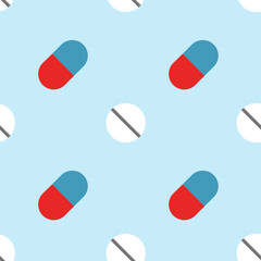 Pills, seamless pattern, vector. Pills and capsules on a blue background