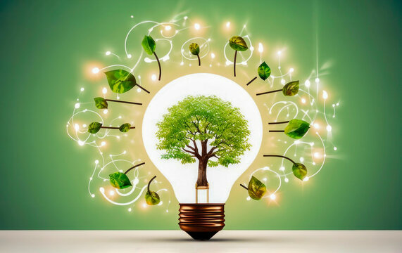 a light bulb inside which is growing a tree and connected to various environmental icons, in the style of light green and dark brown, eco concept