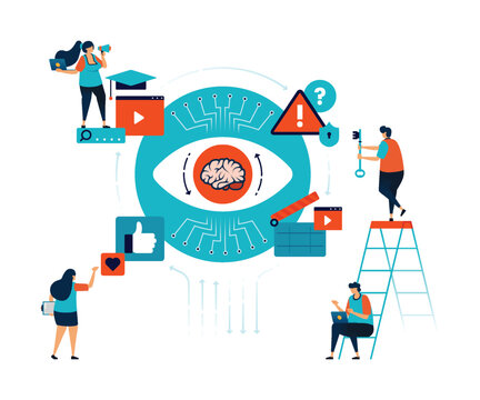 Artificial intelligence illustration of ideas and inspiration for entertainment, learning videos, social media content and data security with ai. Can be used for mobile app website web flyer poster ad