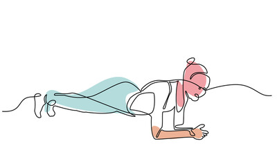Continuous line drawing woman doing yoga push ups pose exercise.