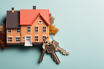 miniature model of a realistic toy country house and a bunch of metal keys. A creative mortgage concept for suburban real estate. Generative AI.