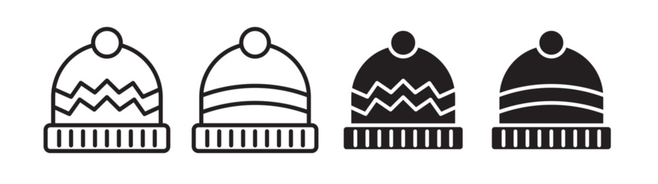 winter hat icon set. warm wool beanie hat vector icon for skier. knitted ski cap line icon set in filled and outlined style.