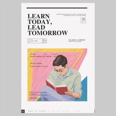 Back to School. First day of school. Banner vector illustration background. A young man is reading a book. Typography poster design and vectorized watercolor illustrations on a background.