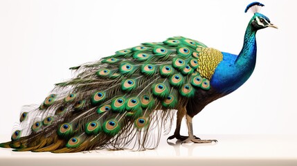 Male peacock bird white background AI generated image - obrazy, fototapety, plakaty