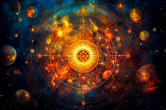 Sc&egrave;ne &eacute;sot&eacute;rique, th&egrave;me astral, cartomancie, zodiaque, astrologie - G&eacute;n&eacute;rative IA