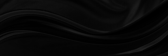 Black gray satin dark fabric texture luxurious shiny that is abstract silk cloth panorama background with patterns soft waves blur beautiful.