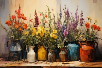 colorful pallet knife painting of beautiful mixed flowers in pots standing on a wooden table, generated by AI