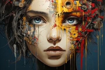 A painting of a woman with gears on her face. Generative AI.