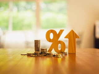 Percentage model and Up Arrow symbol with coins stack. Concepts of the banking system, rising interest rates, inflation, deflation, and savings.	 - obrazy, fototapety, plakaty