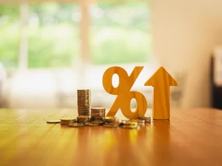 Tuinposter Percentage model and Up Arrow symbol with coins stack. Concepts of the banking system, rising interest rates, inflation, deflation, and savings.  © sommart