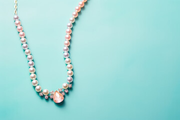 Top view of a precious gemstone necklace lying on a flat blue pastel background surface. Creative minimal concept jewelry store banner template. Generative AI.