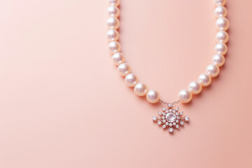 Top view of a precious gemstone necklace lying on a flat pink pastel background surface. Creative minimal concept jewelry store banner template. Generative AI.