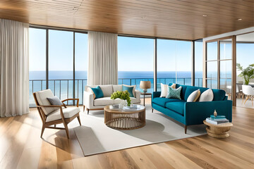Interior design of a coastal chic living room that exudes a relaxed and sophisticated beachside vibe.
