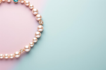 Top view of a precious gemstone necklace lying on a flat blue pastel background surface. Creative minimal concept jewelry store banner template. Generative AI.