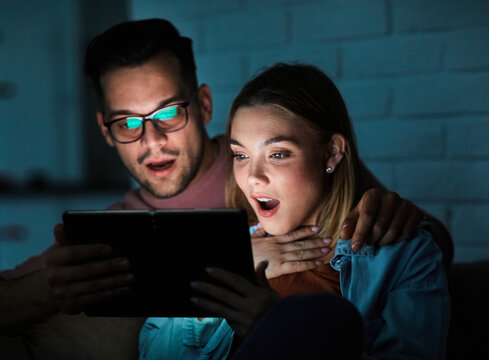 Television Watching Couple Tablet Night Computer Young Home Evening Woman Man Movie Entertainment Sofa Fun Happy