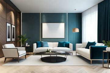 Fototapeta premium Horizontal blank picture frame mock up in modern living room interior