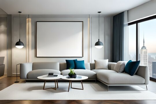 Big horizontal blank picture frame mock up in modern living room interior