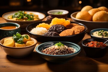 A Mouthwatering Spread of Brazilian Food: Feijoada, Pão de Queijo, Coxinha and Brigadeiros, Created with Generative AI
