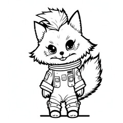 Fox, Dog in an astronaut suit, Fox in space, standing on two feet, cartoon style, black and white, vector, coloring page, character, a cartoon style,
