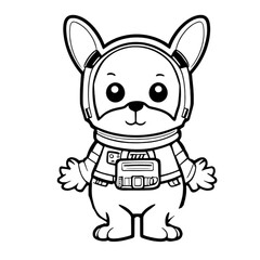 Dog in an astronaut suit, dog in a space, standing on two feet, cartoon style, black and white, vector, coloring page, character, a cartoon style,
