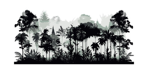 Tropical trees and leaves wallpaper design in foggy. Vector illustration desing.