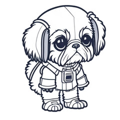 Dog in an astronaut suit, dog in a space, standing on two feet, cartoon style, black and white, vector, coloring page, character, a cartoon style,
