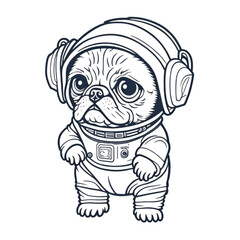 Fototapeta premium Dog in an astronaut suit, dog in a space, standing on two feet, cartoon style, black and white, vector, coloring page, character, a cartoon style, 