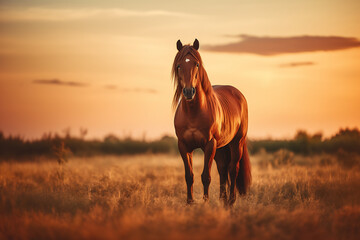 horse in field at the sunset