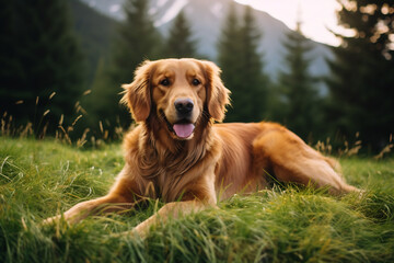 golden retriever dog in the mountains - Powered by Adobe