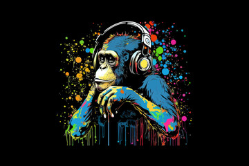 Chimpanzee in headphones. Vector illustration desing. - obrazy, fototapety, plakaty