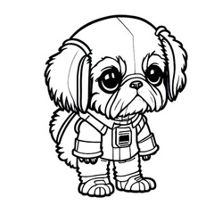 Dog in an astronaut suit, dog in a space, standing on two feet, cartoon style, black and white, vector, coloring page, character, a cartoon style,
