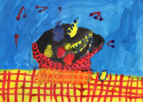 Fantasy still life, red bowl with fruits on a checkered tablecloth background. Hand drawn Gouache painting