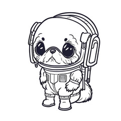 Dog in an astronaut suit, dog in a space, standing on two feet, cartoon style, black and white, vector, coloring page, character, a cartoon style,
