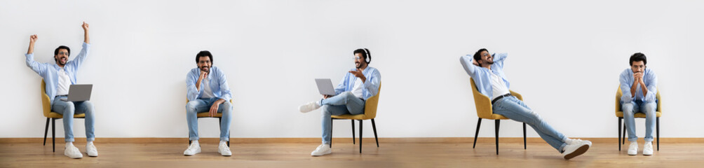 Indian Man Using Laptop And Expressing Different Emotions Indoors, Collage