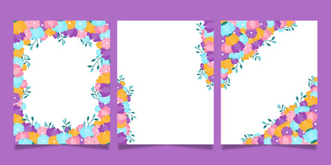 Greeting cards template. Posters, flyers, banners with floral elements. Templates for holidays, invitations, business and social media. Cards with borders and flower frames. Place for text. Vector.