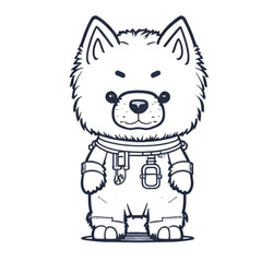 Dog in an astronaut suit, dog in a space, standing on two feet, cartoon style, black and white, vector, coloring page, character, a cartoon style,
