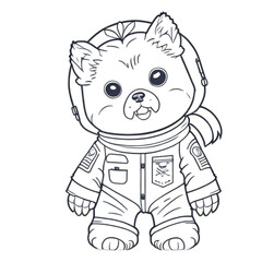 Dog in an astronaut suit, dog in a space, standing on two feet, cartoon style, black and white, vector, coloring page, character, a cartoon style,
