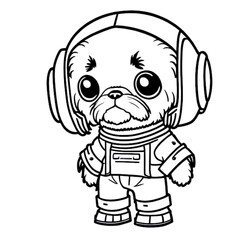 Dog in an astronaut suit, dog in a space, standing on two feet, cartoon style, black and white, vector, coloring page, character, a cartoon style,
