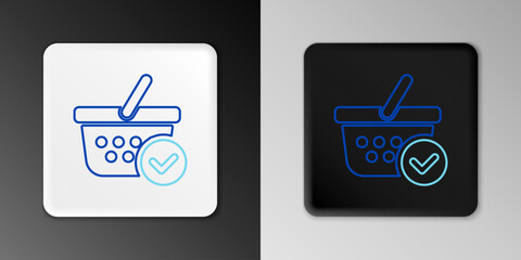 Line Shopping basket with check mark icon isolated on grey background. Supermarket basket with approved, confirm, tick, completed symbol. Colorful outline concept. Vector