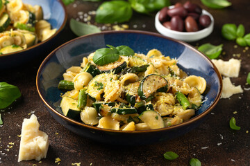 Lemon infused Orecchiette pasta with courgette or zucchini and asparagus