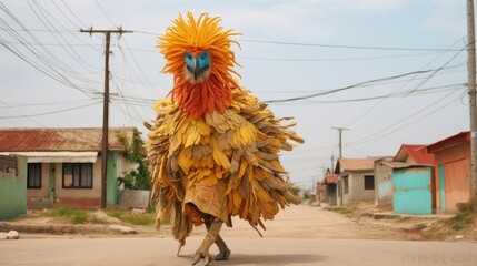 Mythical creature of Angola. Illustration of a person dressed as a bird walking down a city street, created with Generative Ai Technology