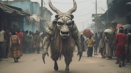 Mythical creature of Angola. Illustration of a majestic horned animal strolling among a crowd in the bustling streets, created with Generative Ai Technology